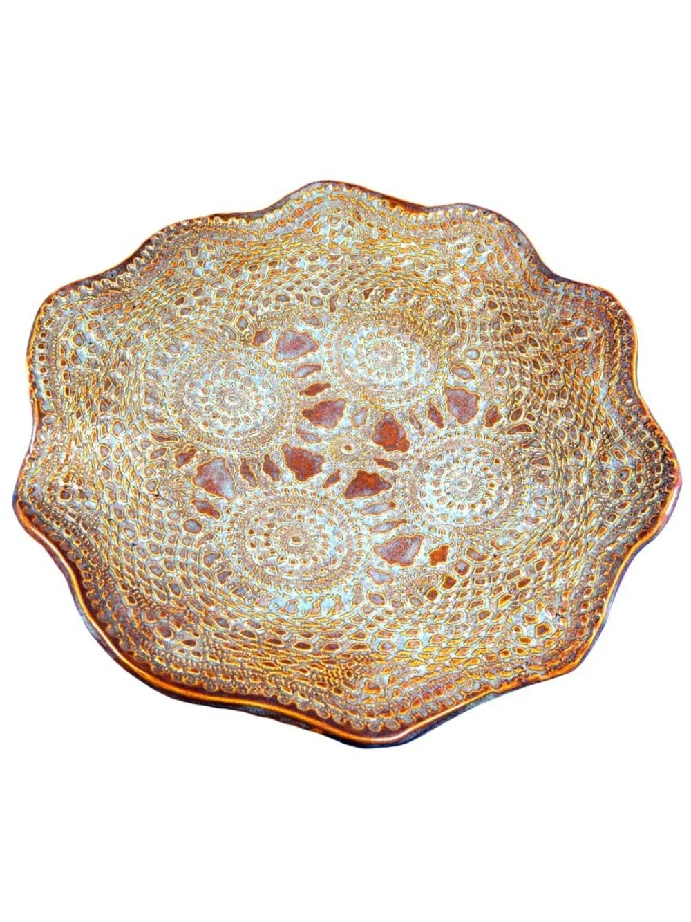 Signed Studio Pottery Platter, Schwein 2014, Cuba MO, Textured Blue & Rust Glaze